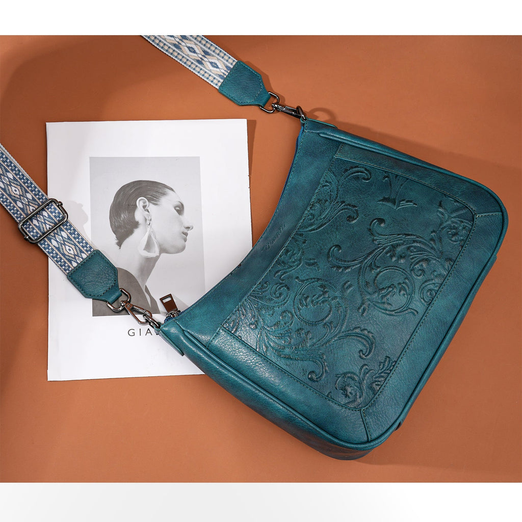 Embossed Flower Crossbody Bags for Women, Peacock Blue APHISON