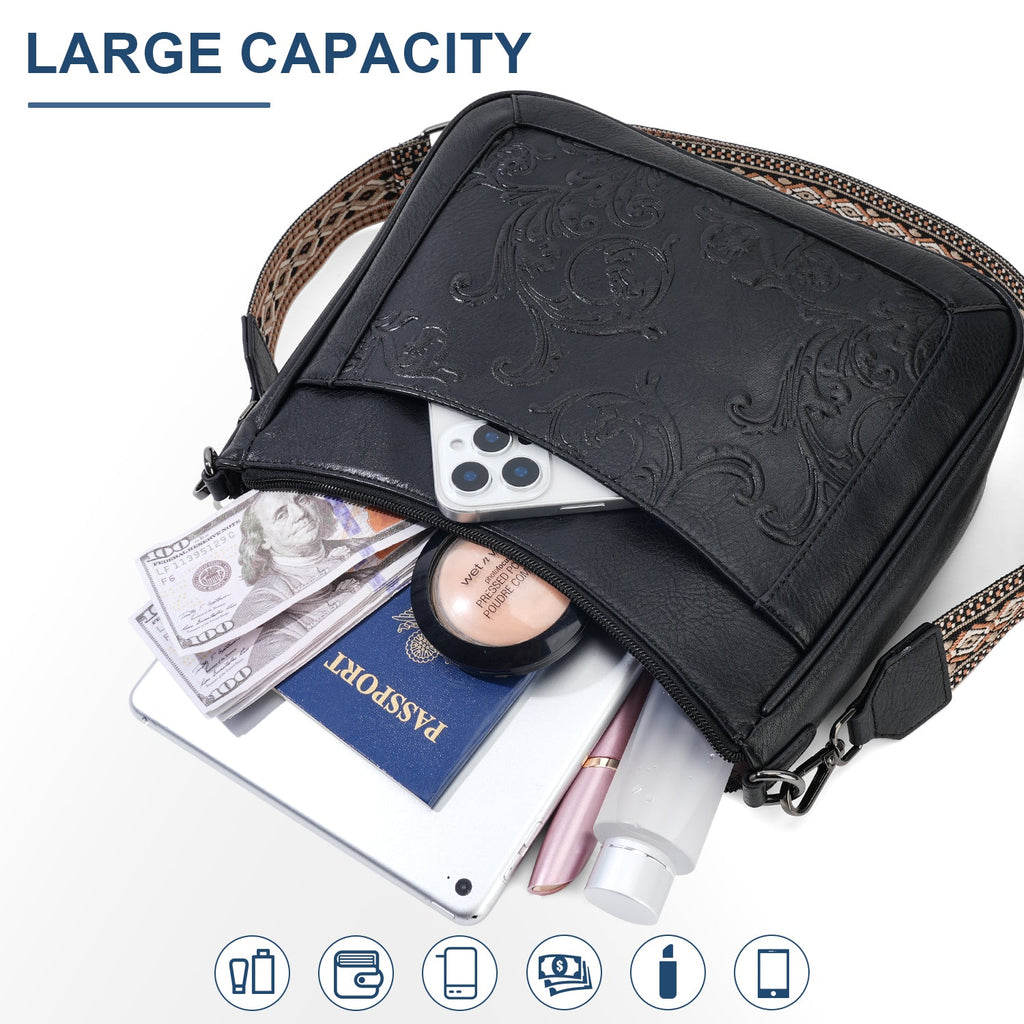 Embossed Flower Crossbody Bags for Women, Black APHISON