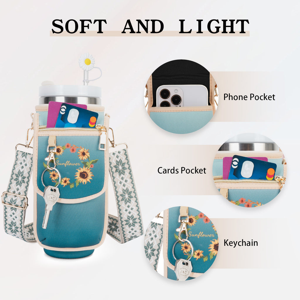 Water Bottle Carrier Bag for Stanley 40 oz Tumbler with Phone Pocket Purses Water Bottle Holder with Adjustable Wide Strap, 87A GREEN-BLUE APHISON