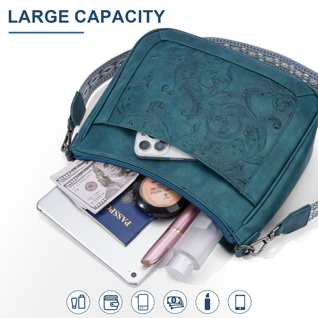 Embossed Flower Crossbody Bags for Women, Peacock Blue APHISON