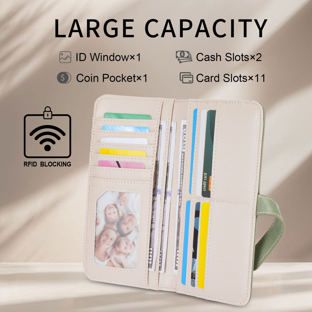 Ultra Slim RFID Wallet Womens Thin Clutch PU Leather Bifold Long Wallet For Women With Hollow Out Mandala（GREEN） APHISON