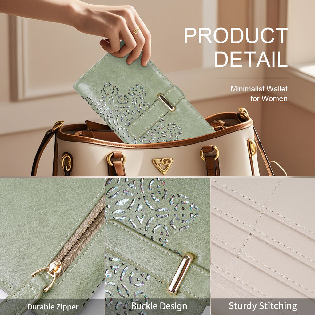 Ultra Slim RFID Wallet Womens Thin Clutch PU Leather Bifold Long Wallet For Women With Hollow Out Mandala（GREEN） APHISON