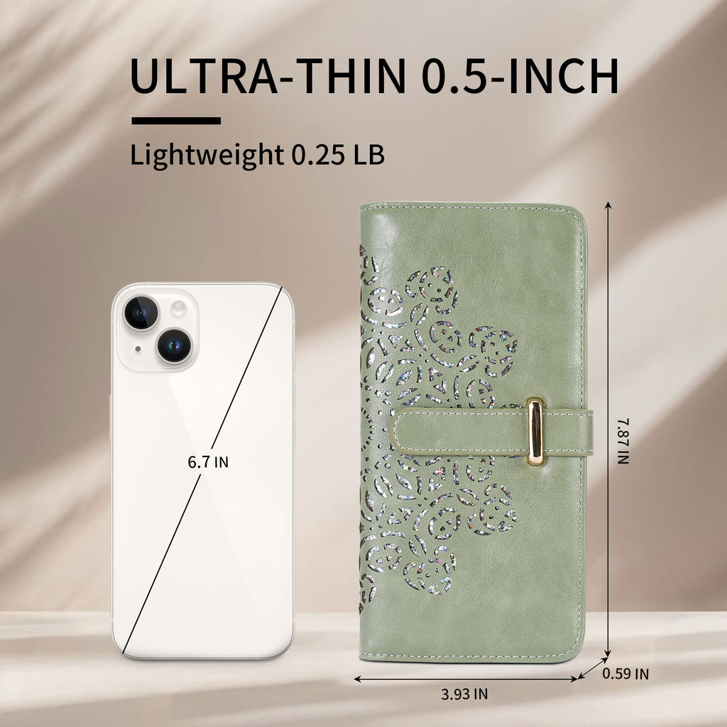 Ultra Slim RFID Wallet Womens Thin Clutch PU Leather Bifold Long Wallet For Women With Hollow Out Mandala（GREEN） APHISON
