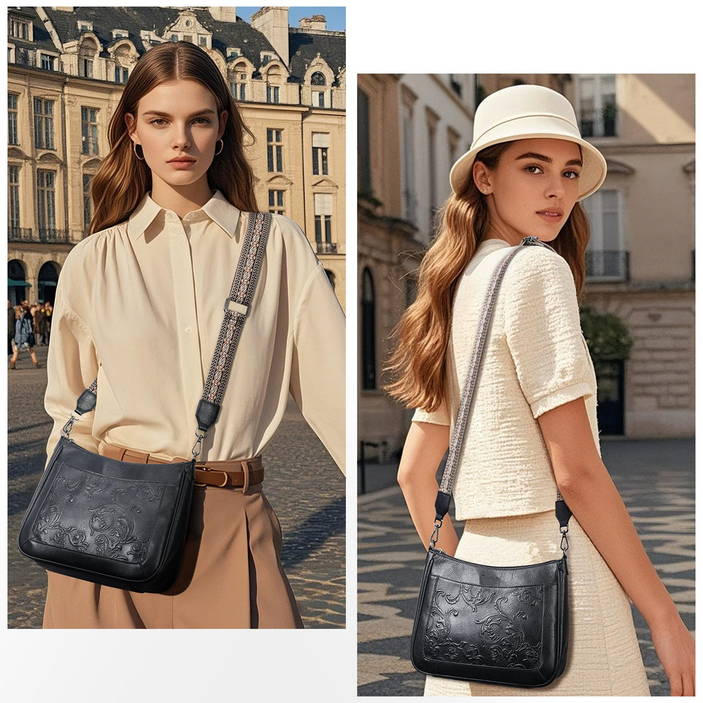 Embossed Flower Crossbody Bags for Women, Black APHISON