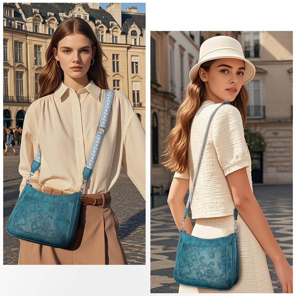 Embossed Flower Crossbody Bags for Women, Peacock Blue APHISON