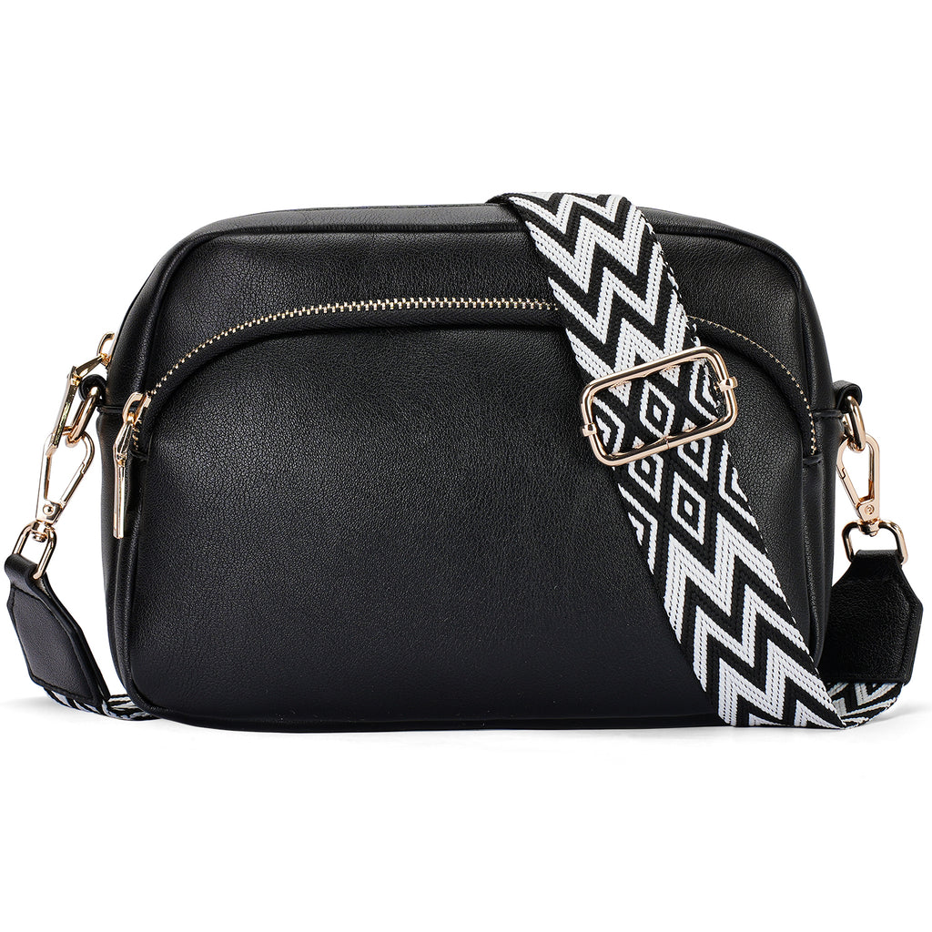 Small Crossbody Purse for Women Double Zip Cell Phone Leather Handbag with Colored Shoulder Strap（BLACK）（复制） APHISON