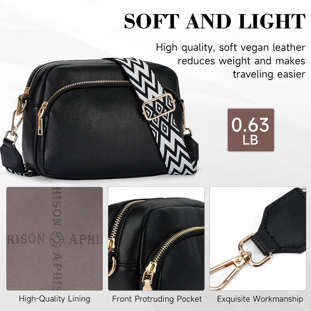Small Crossbody Purse for Women Double Zip Cell Phone Leather Handbag with Colored Shoulder Strap（BLACK）（复制） APHISON