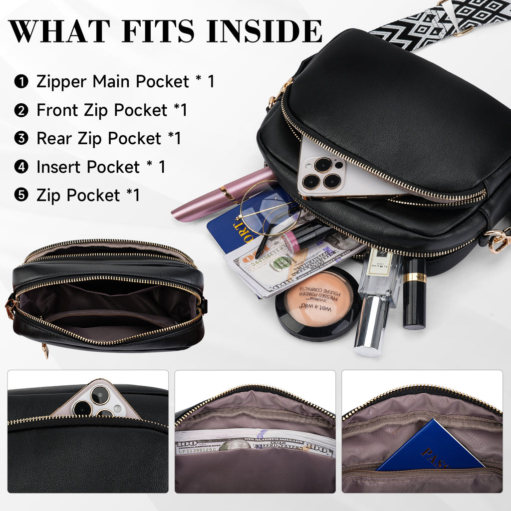 Small Crossbody Purse for Women Double Zip Cell Phone Leather Handbag with Colored Shoulder Strap（BLACK）（复制） APHISON