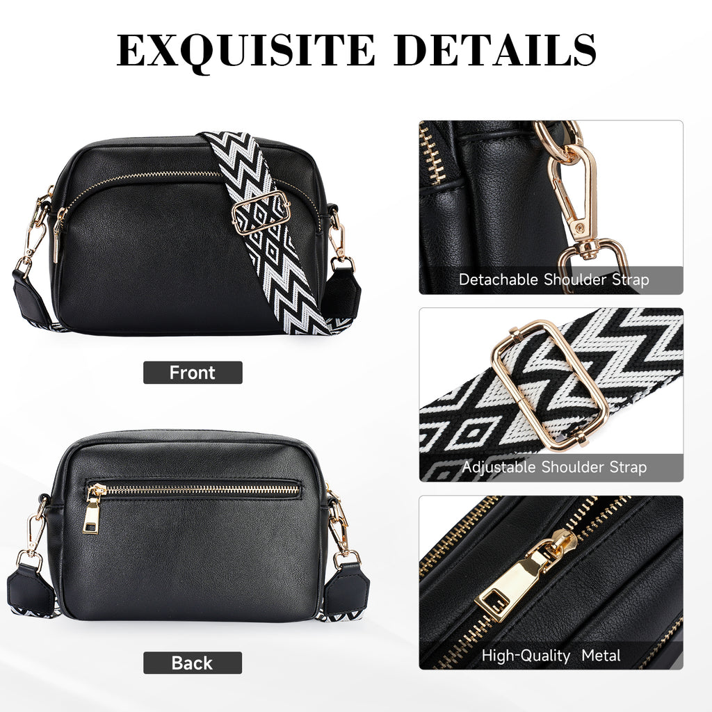 Small Crossbody Purse for Women Double Zip Cell Phone Leather Handbag with Colored Shoulder Strap（BLACK）（复制） APHISON