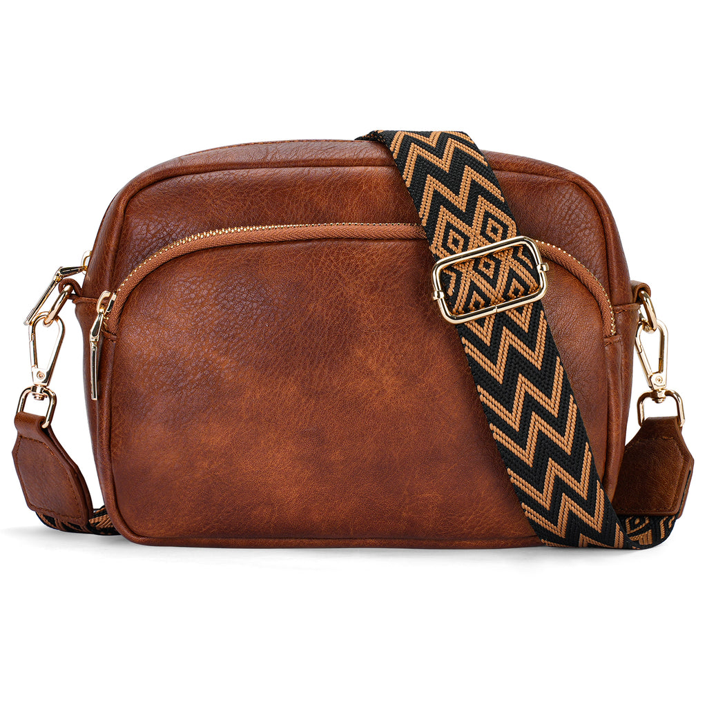 Small Crossbody Purse for Women Double Zip Cell Phone Leather Handbag with Colored Shoulder Strap（BROWN） APHISON
