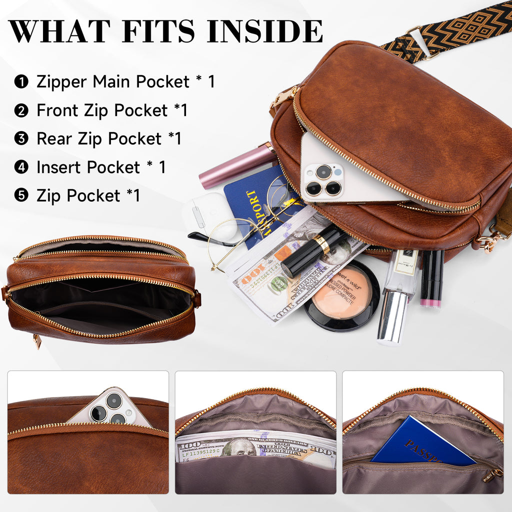 Small Crossbody Purse for Women Double Zip Cell Phone Leather Handbag with Colored Shoulder Strap（BROWN） APHISON