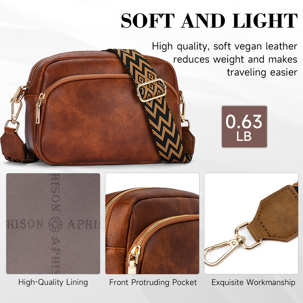Small Crossbody Purse for Women Double Zip Cell Phone Leather Handbag with Colored Shoulder Strap（BROWN） APHISON