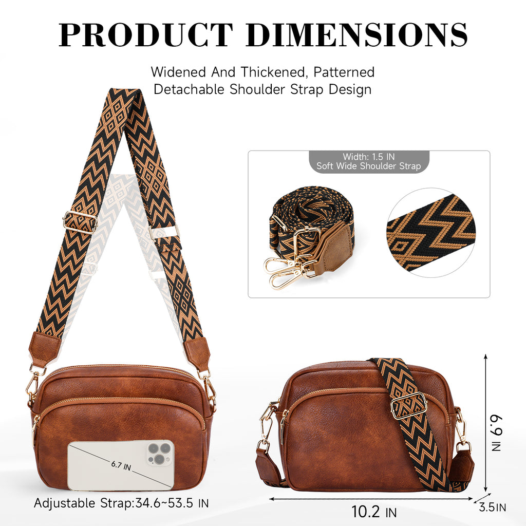 Small Crossbody Purse for Women Double Zip Cell Phone Leather Handbag with Colored Shoulder Strap（BROWN） APHISON