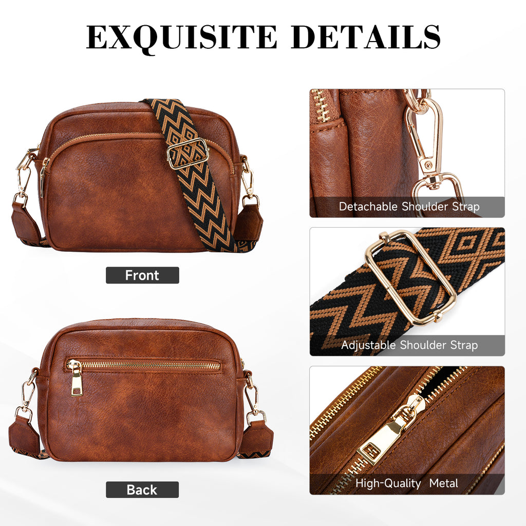 Small Crossbody Purse for Women Double Zip Cell Phone Leather Handbag with Colored Shoulder Strap（BROWN） APHISON