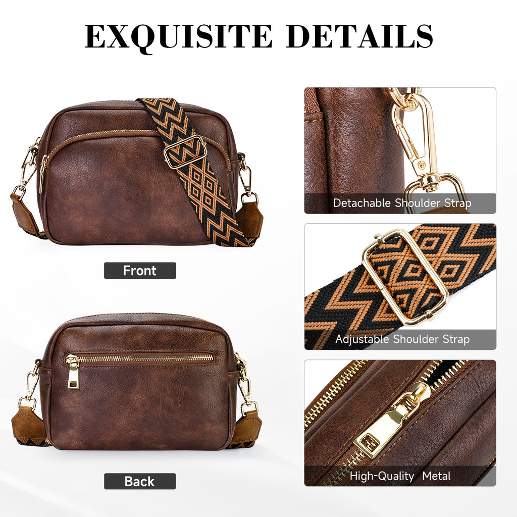 Small Crossbody Purse for Women Double Zip Cell Phone Leather Handbag with Colored Shoulder Strap（BROWN）（复制） APHISON