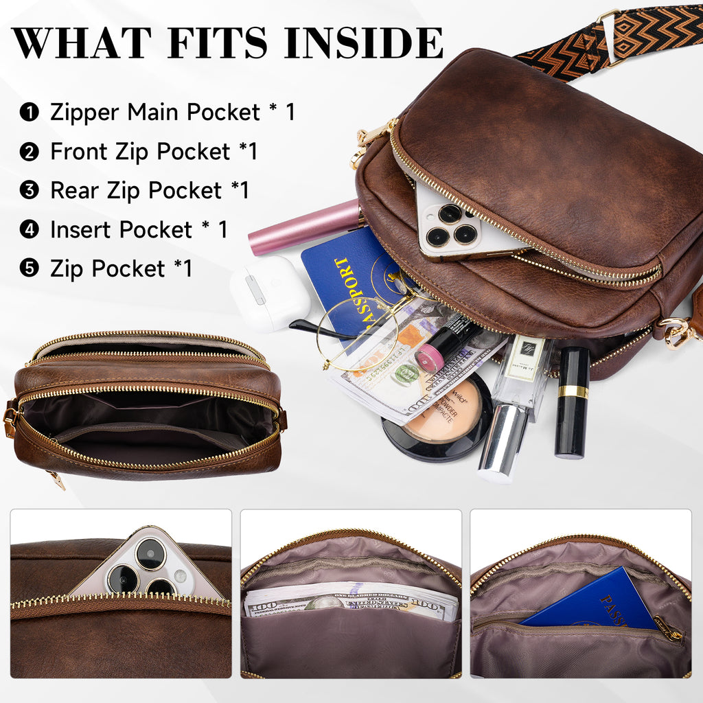 Small Crossbody Purse for Women Double Zip Cell Phone Leather Handbag with Colored Shoulder Strap（BROWN）（复制） APHISON
