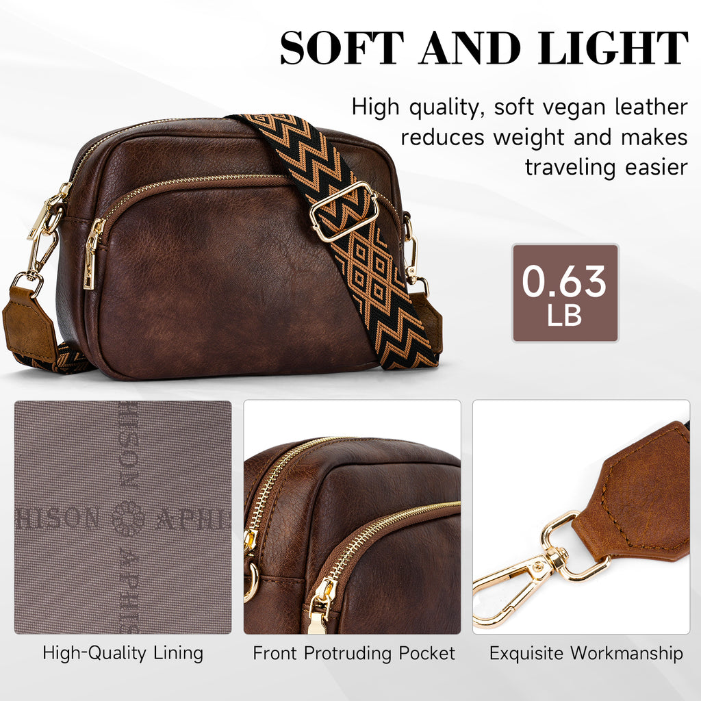 Small Crossbody Purse for Women Double Zip Cell Phone Leather Handbag with Colored Shoulder Strap（COFFEE） APHISON
