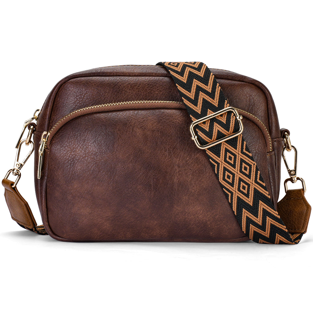 Small Crossbody Purse for Women Double Zip Cell Phone Leather Handbag with Colored Shoulder Strap（BROWN）（复制） APHISON