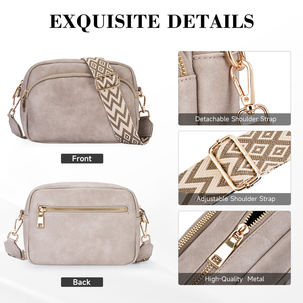 Small Crossbody Purse for Women Double Zip Cell Phone Leather Handbag with Colored Shoulder Strap（GRAY） APHISON