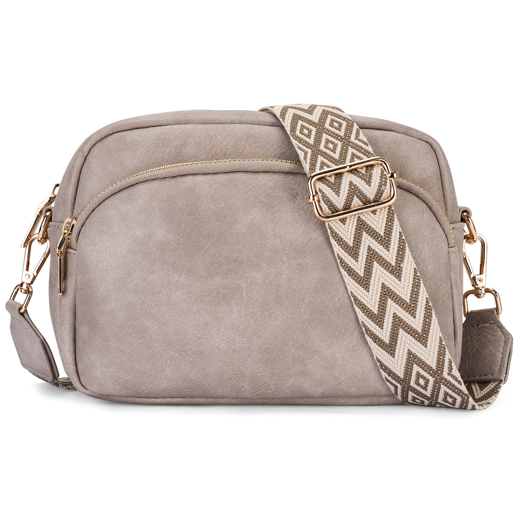 Small Crossbody Purse for Women Double Zip Cell Phone Leather Handbag with Colored Shoulder Strap（GRAY） APHISON