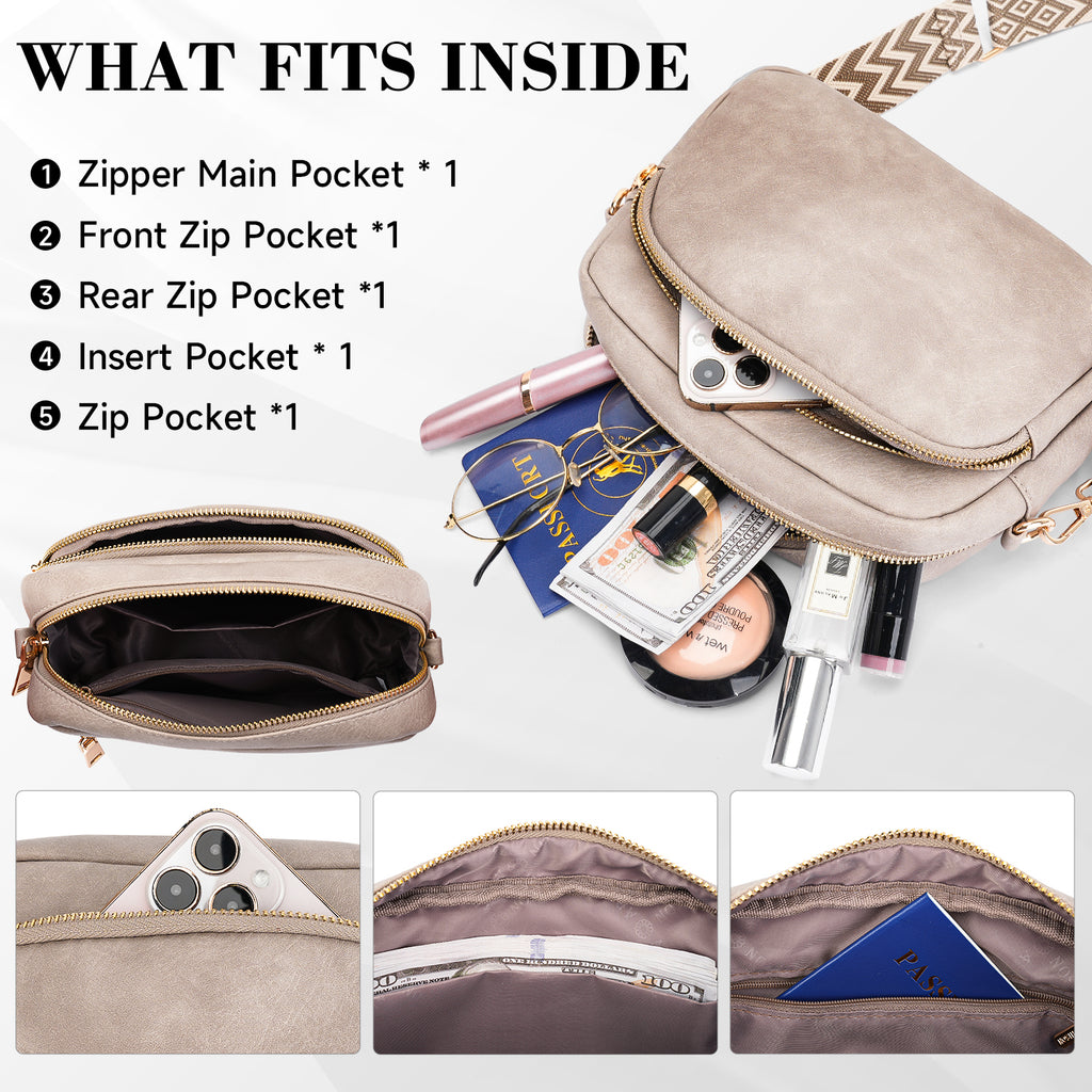 Small Crossbody Purse for Women Double Zip Cell Phone Leather Handbag with Colored Shoulder Strap（GRAY） APHISON