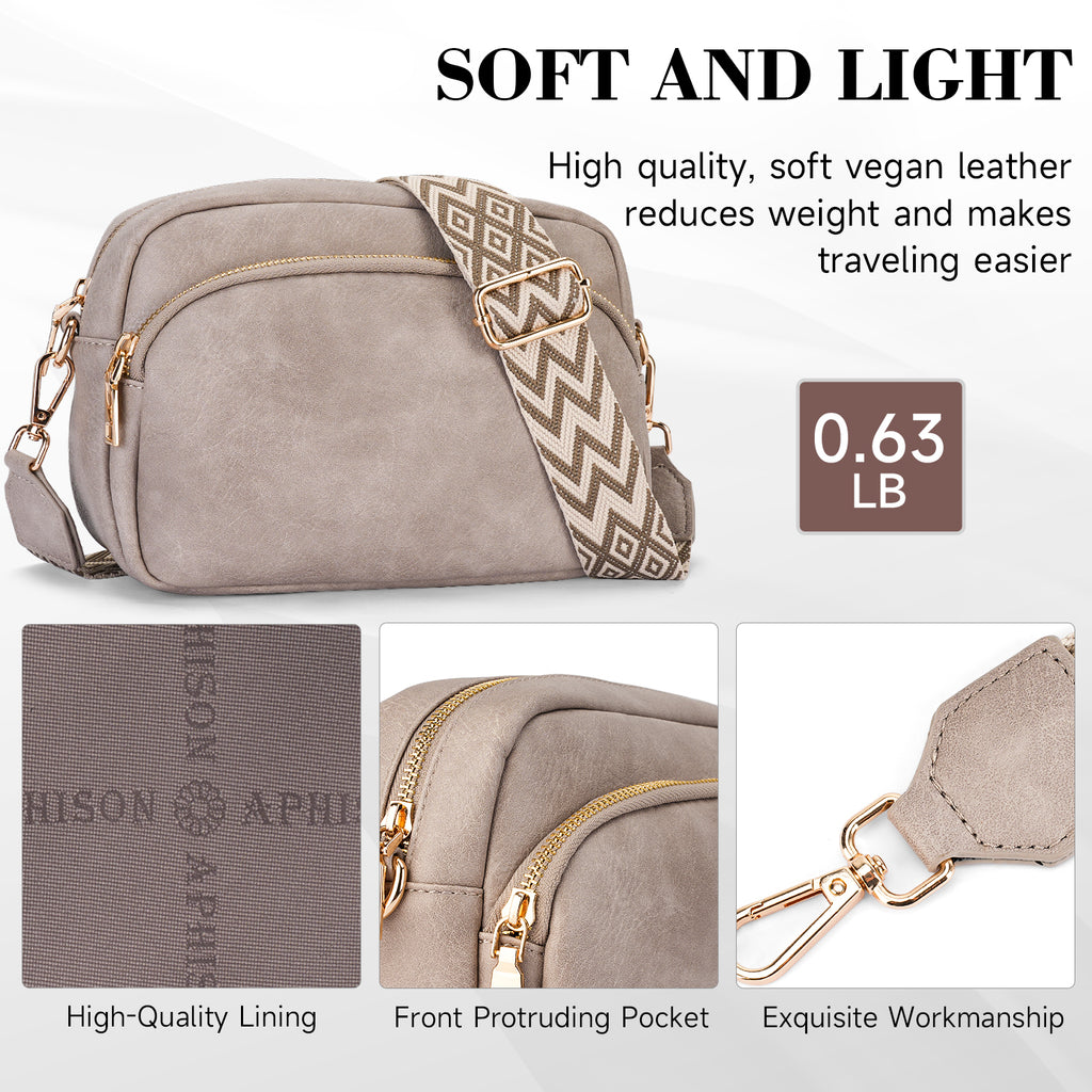 Small Crossbody Purse for Women Double Zip Cell Phone Leather Handbag with Colored Shoulder Strap（GRAY） APHISON