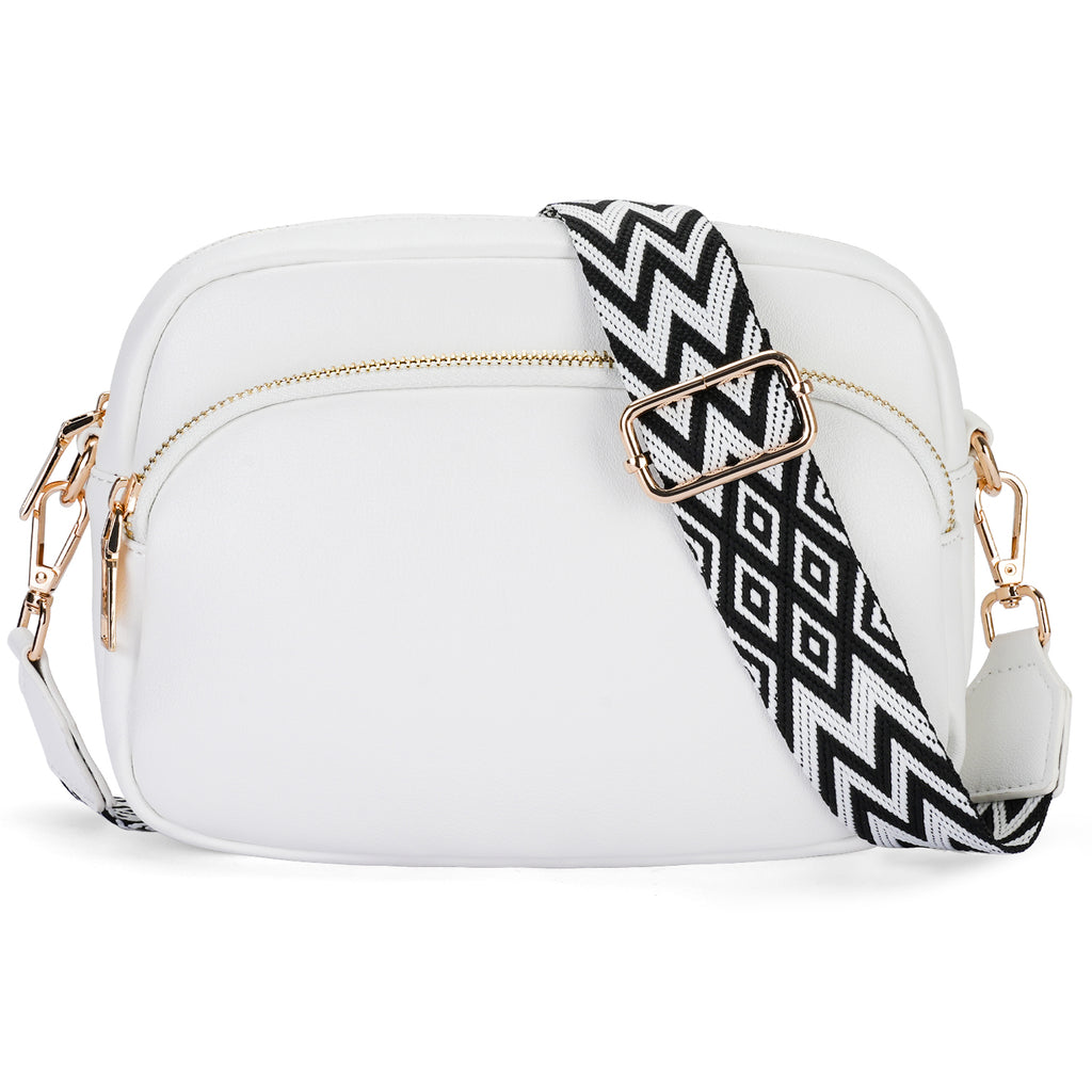 Small Crossbody Purse for Women Double Zip Cell Phone Leather Handbag with Colored Shoulder Strap（WHITE） APHISON