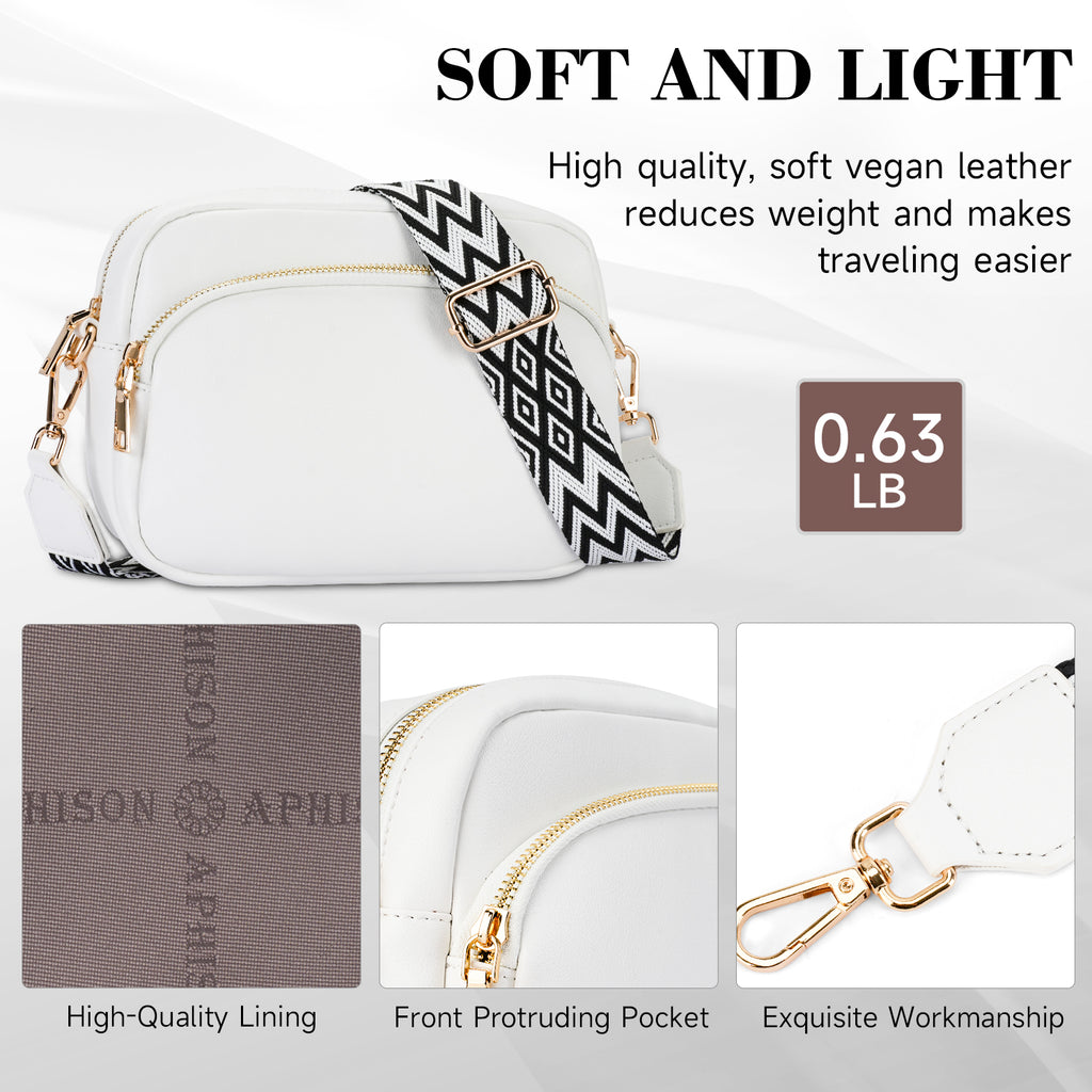 Small Crossbody Purse for Women Double Zip Cell Phone Leather Handbag with Colored Shoulder Strap（WHITE） APHISON