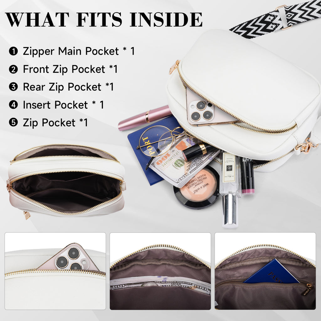 Small Crossbody Purse for Women Double Zip Cell Phone Leather Handbag with Colored Shoulder Strap（WHITE） APHISON