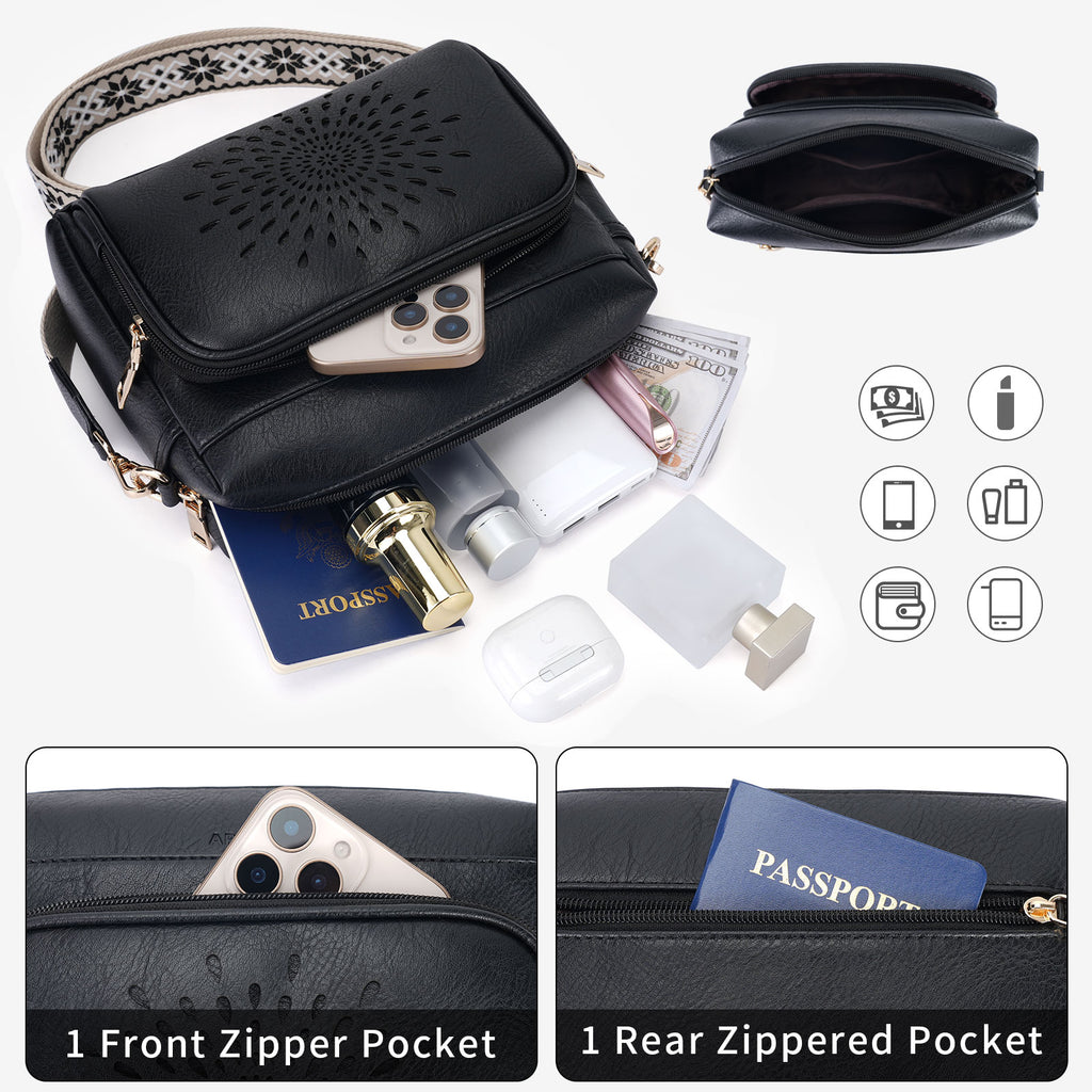 Sunflower Design Crossbody Bags for Women PU Leather Purses Small Shoulder Handbags with Wide Strap（BLACK1）（复制） APHISON