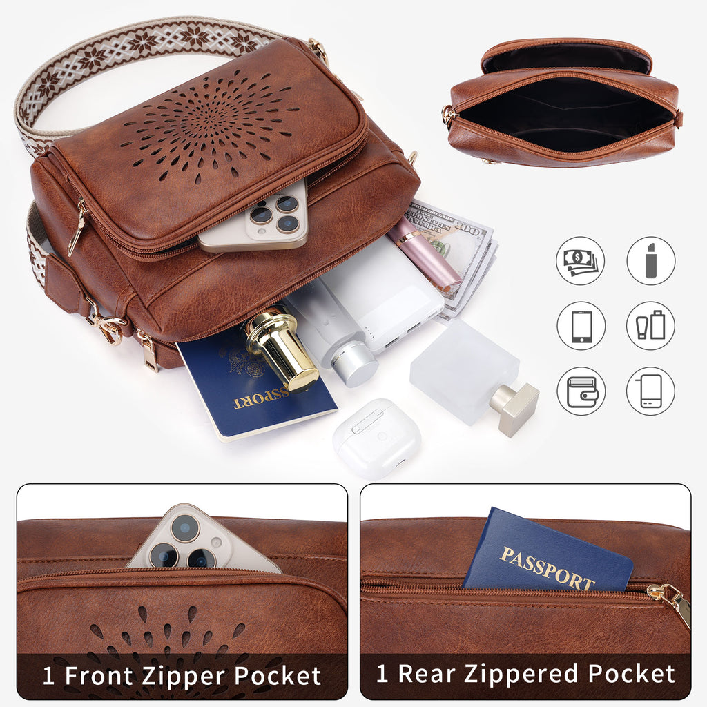 Sunflower Design Crossbody Bags for Women PU Leather Purses Small Shoulder Handbags with Wide Strap（BROWN1） APHISON