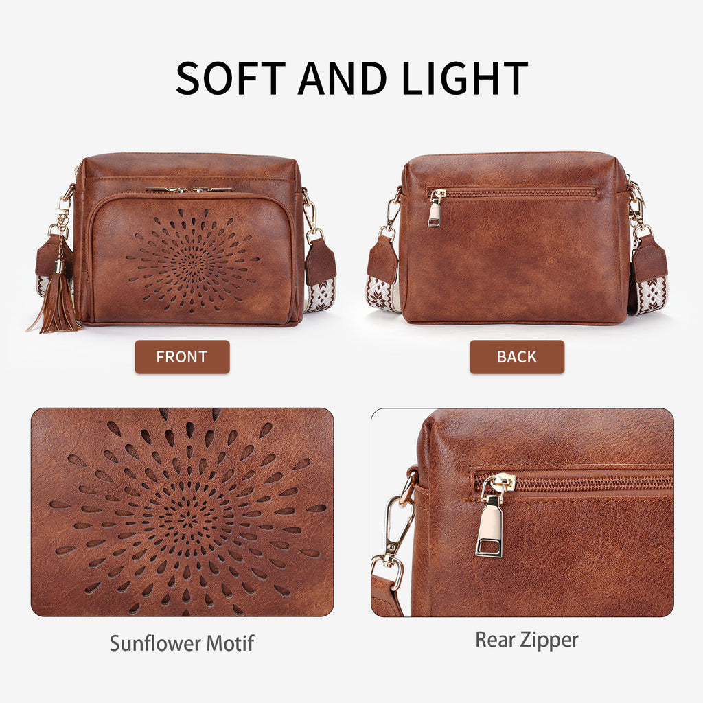 Sunflower Design Crossbody Bags for Women PU Leather Purses Small Shoulder Handbags with Wide Strap（BROWN1） APHISON