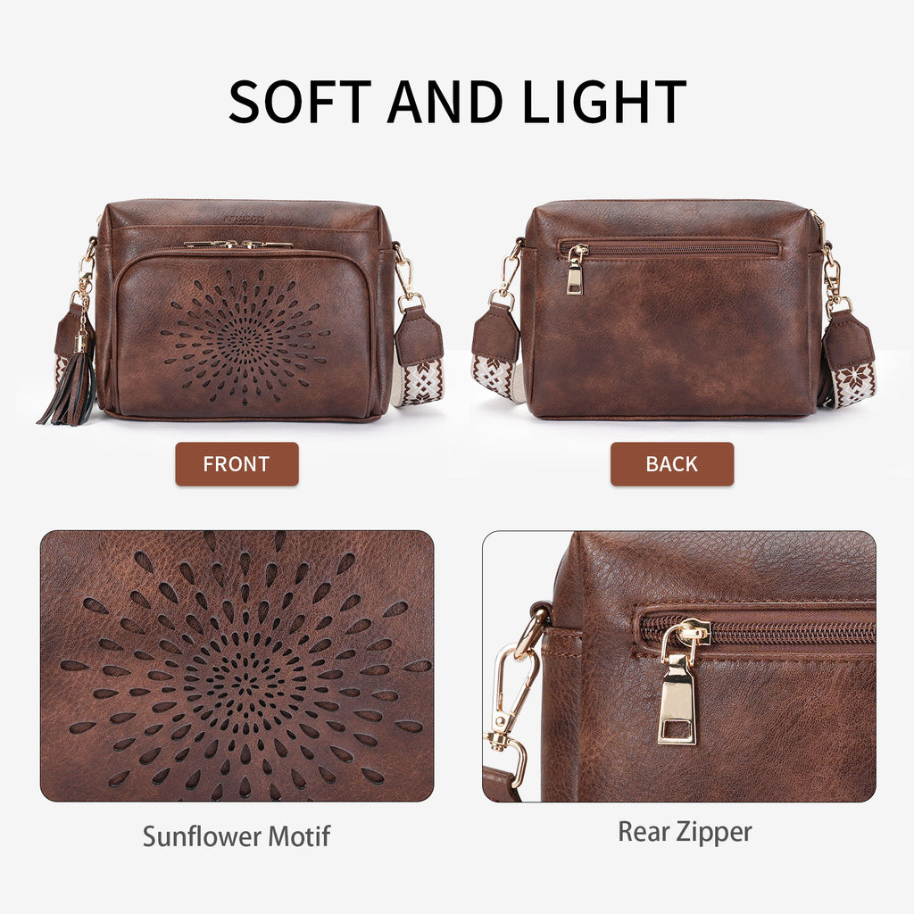 Sunflower Design Crossbody Bags for Women PU Leather Purses Small Shoulder Handbags with Wide Strap（COFFEE） APHISON