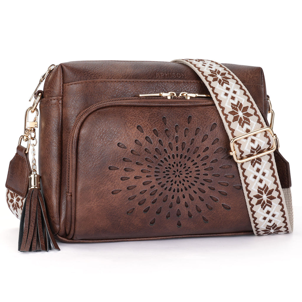 Sunflower Design Crossbody Bags for Women PU Leather Purses Small Shoulder Handbags with Wide Strap（COFFEE） APHISON