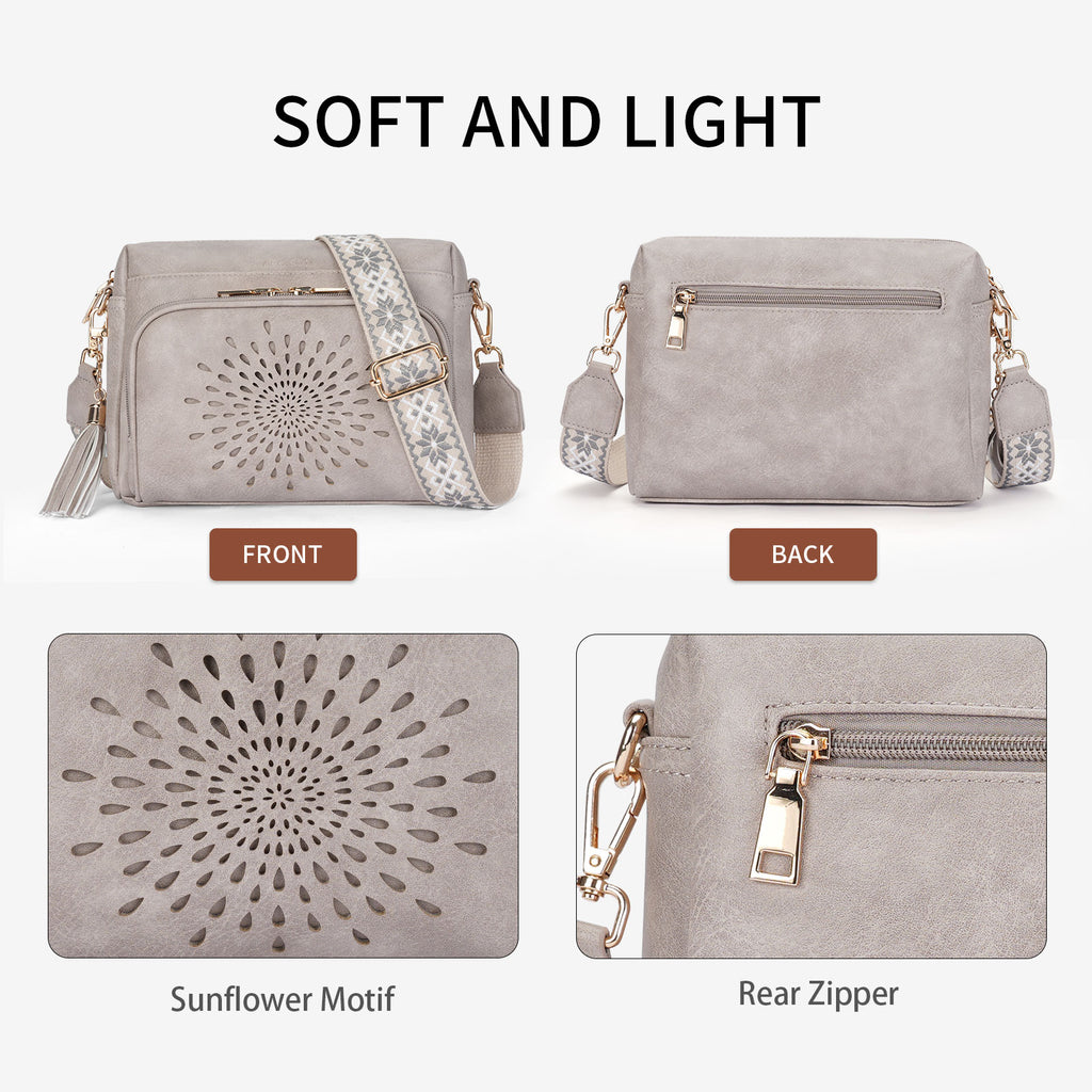Sunflower Design Crossbody Bags for Women PU Leather Purses Small Shoulder Handbags with Wide Strap（GREY1） APHISON