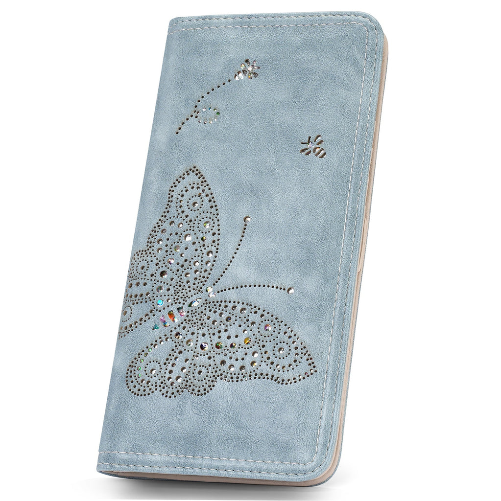 Butterfly RFID Ultra Slim Bifold Long Wallet, Blue APHISON