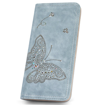 Butterfly RFID Ultra Slim Bifold Long Wallet, Blue APHISON