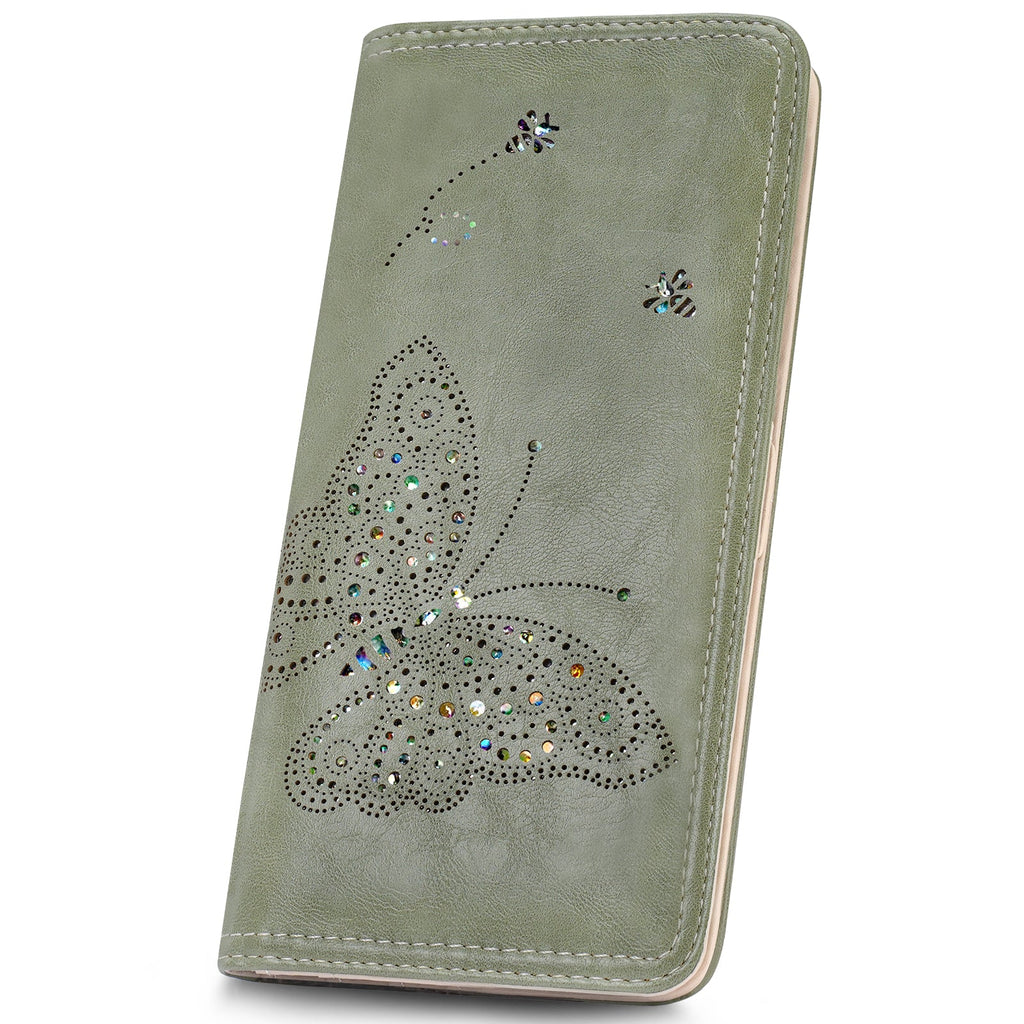 Butterfly RFID Ultra Slim Bifold Long Wallet, Green APHISON