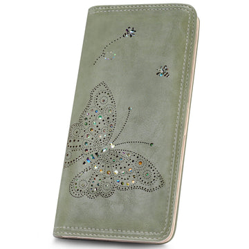 Butterfly RFID Ultra Slim Bifold Long Wallet, Green APHISON