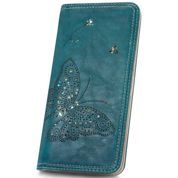 Butterfly RFID Ultra Slim Bifold Long Wallet, Peacock Blue APHISON