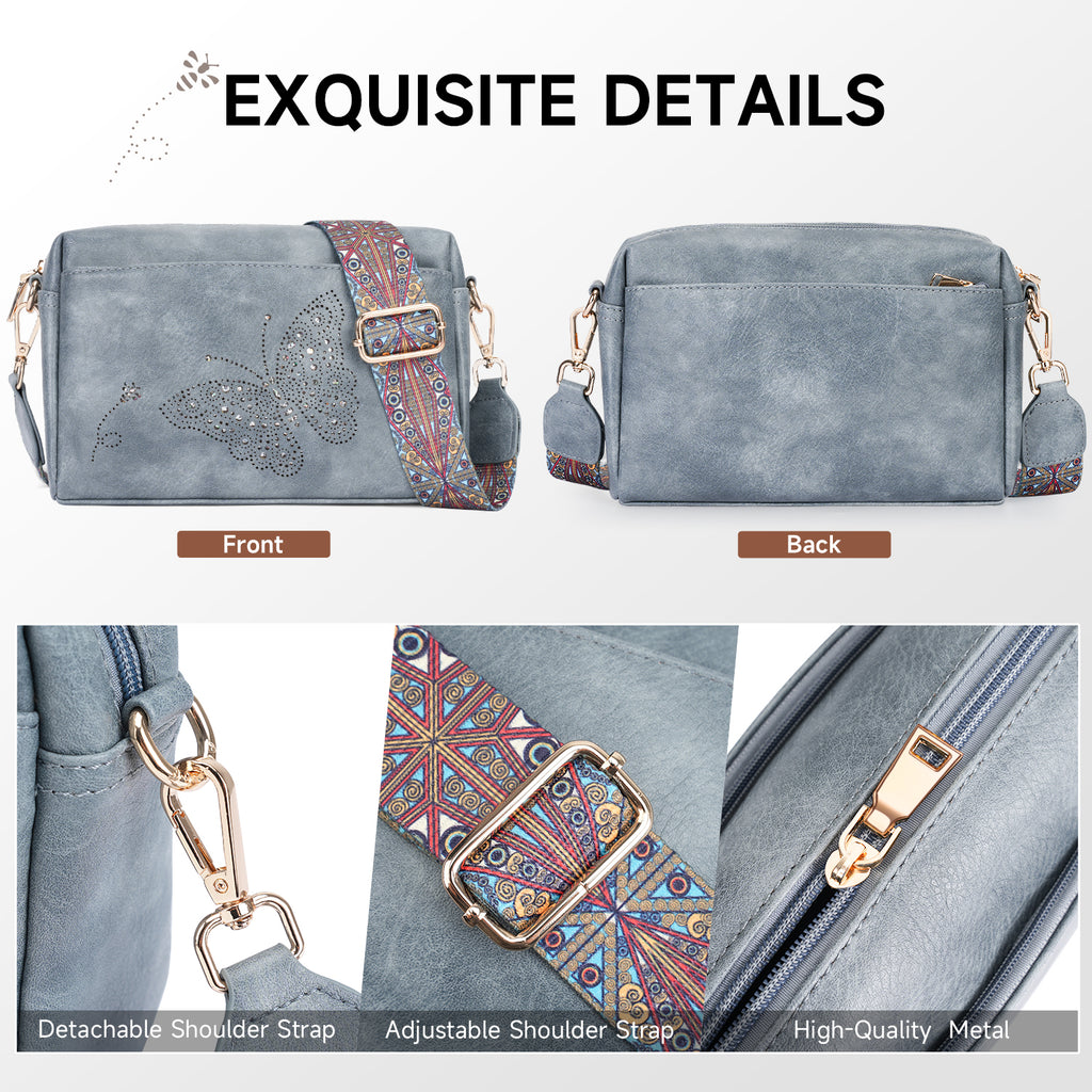 Butterfly design Triple Zip Small Crossbody Bag for women,Wide Strap Cell Phone Shoulder Handbag Travel Purse Built in Wallet（BLUE）（复制） APHISON