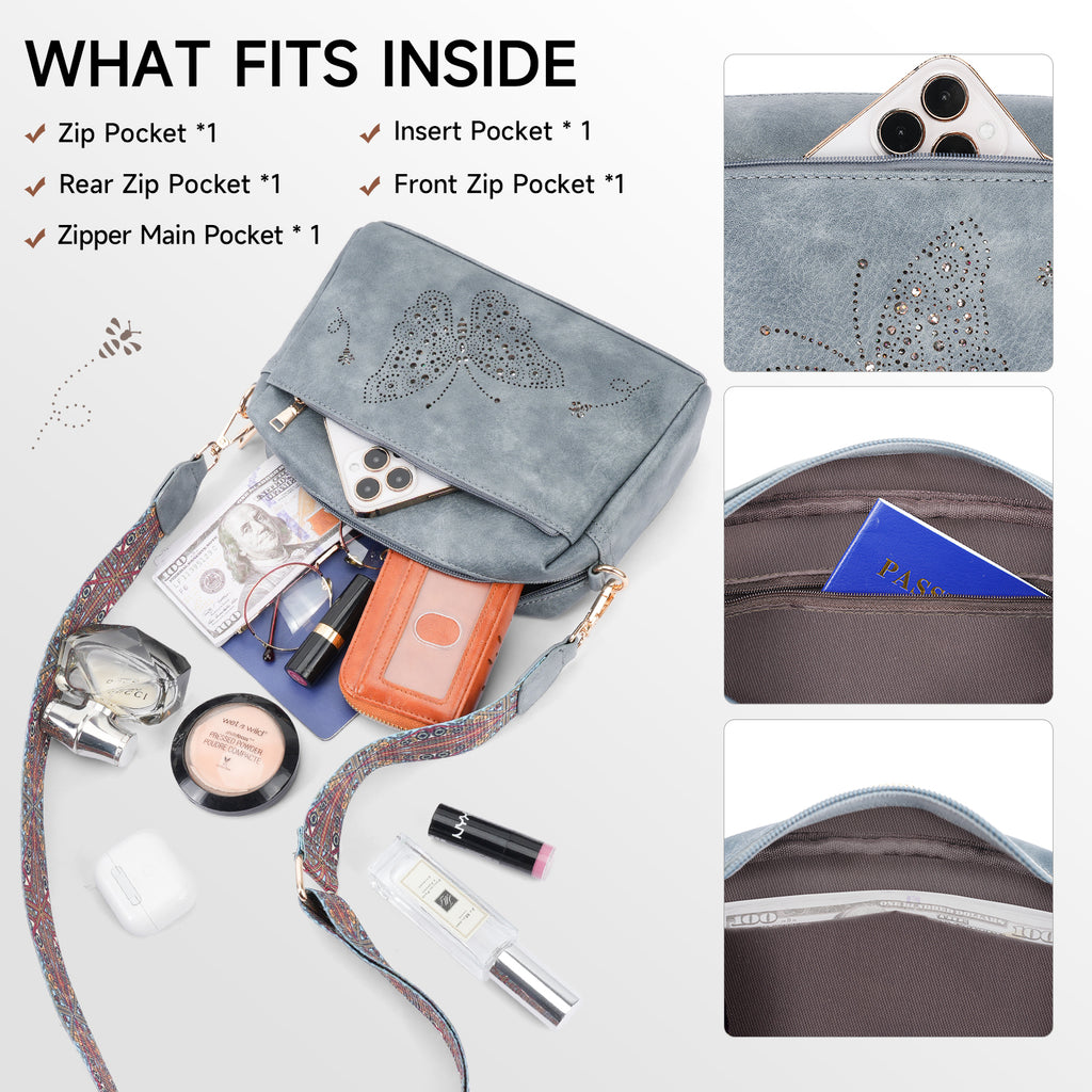 Butterfly design Triple Zip Small Crossbody Bag for women,Wide Strap Cell Phone Shoulder Handbag Travel Purse Built in Wallet（BLUE）（复制） APHISON