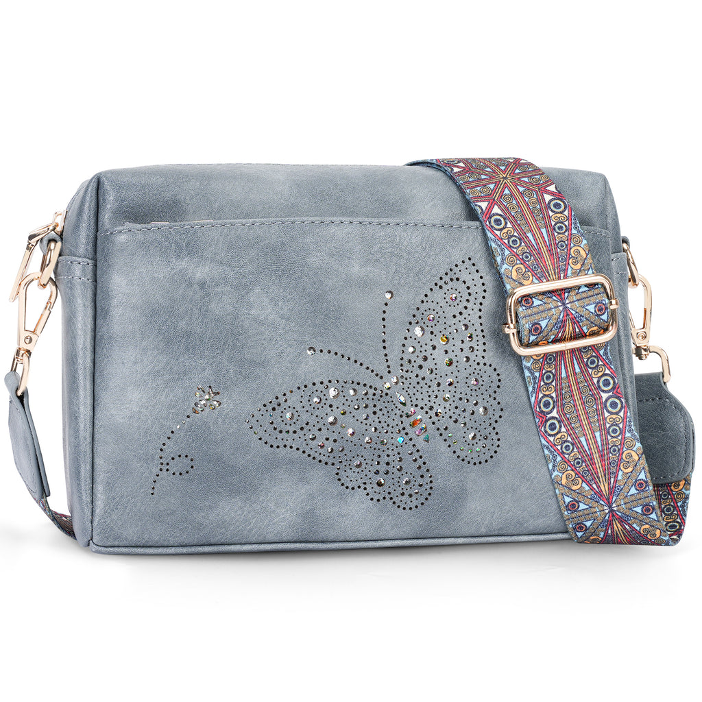 Butterfly design Triple Zip Small Crossbody Bag for women,Wide Strap Cell Phone Shoulder Handbag Travel Purse Built in Wallet（BLUE）（复制） APHISON