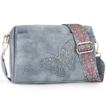 Butterfly design Triple Zip Small Crossbody Bag for women,Wide Strap Cell Phone Shoulder Handbag Travel Purse Built in Wallet（BLUE）（复制） APHISON
