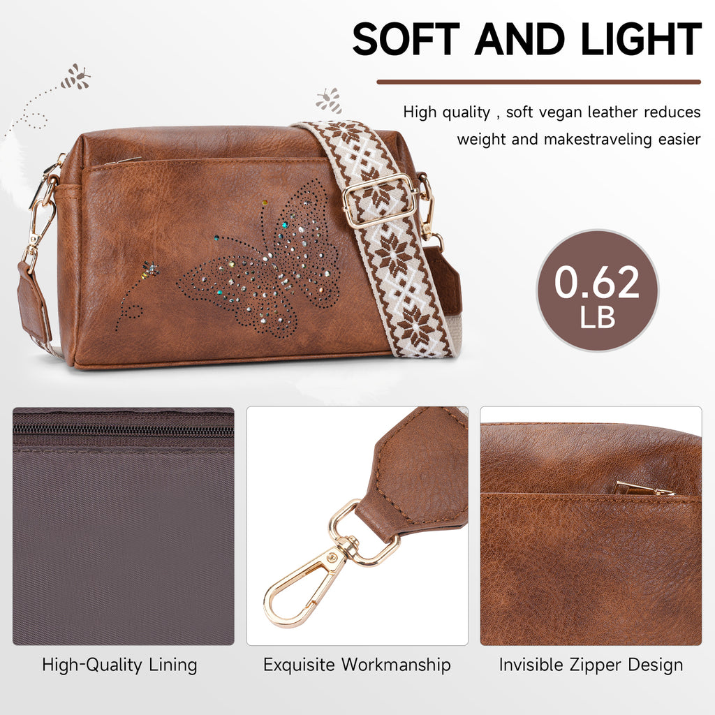 Butterfly design Triple Zip Small Crossbody Bag for women,Wide Strap Cell Phone Shoulder Handbag Travel Purse Built in Wallet（BROWN） APHISON