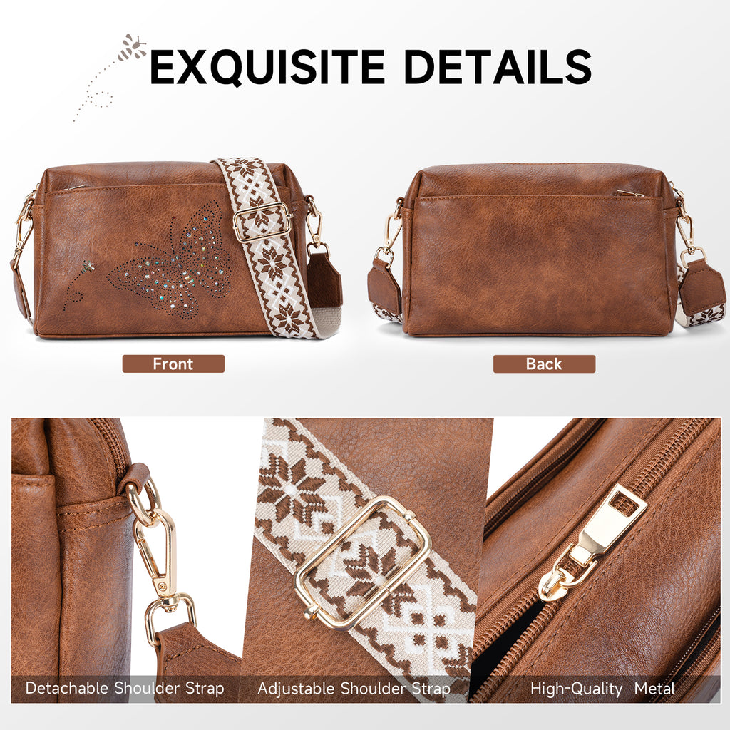 Butterfly design Triple Zip Small Crossbody Bag for women,Wide Strap Cell Phone Shoulder Handbag Travel Purse Built in Wallet（BROWN） APHISON