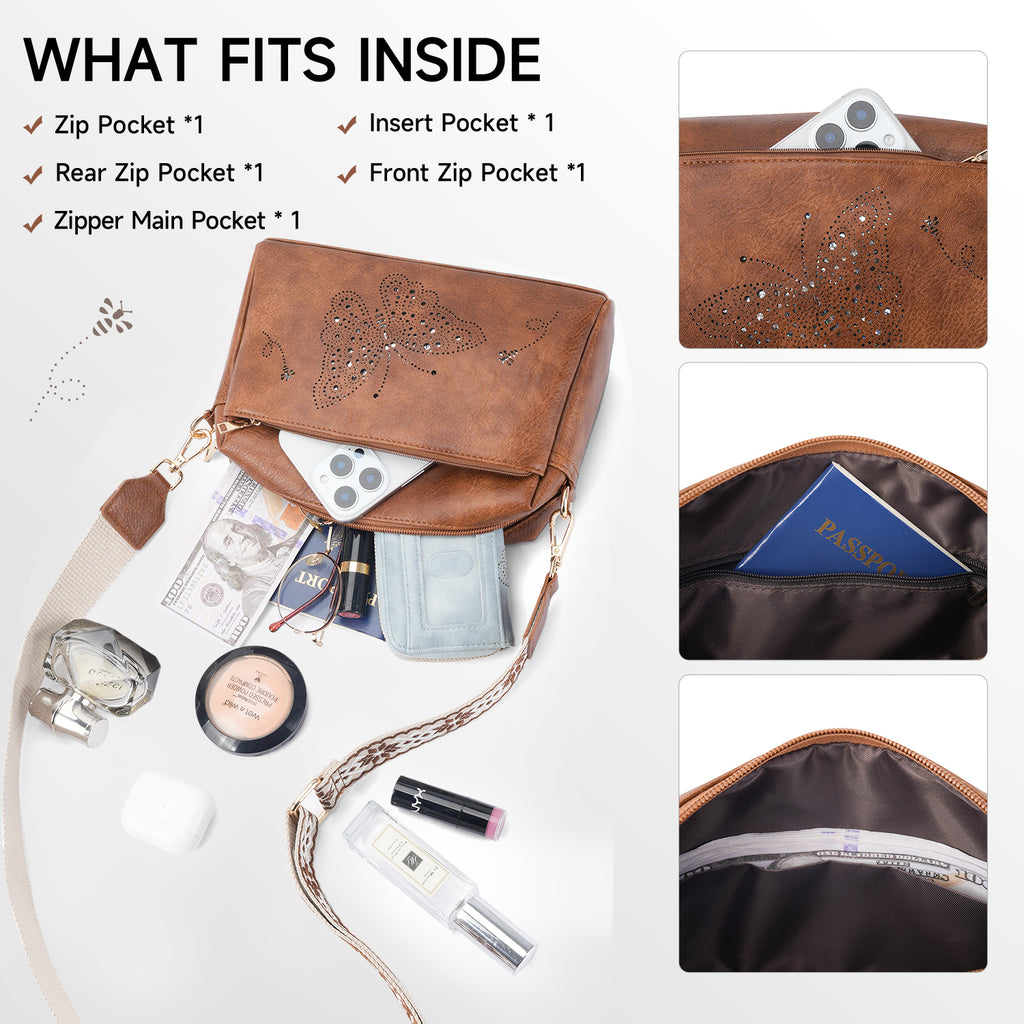 Butterfly design Triple Zip Small Crossbody Bag for women,Wide Strap Cell Phone Shoulder Handbag Travel Purse Built in Wallet（BROWN）（复制） APHISON