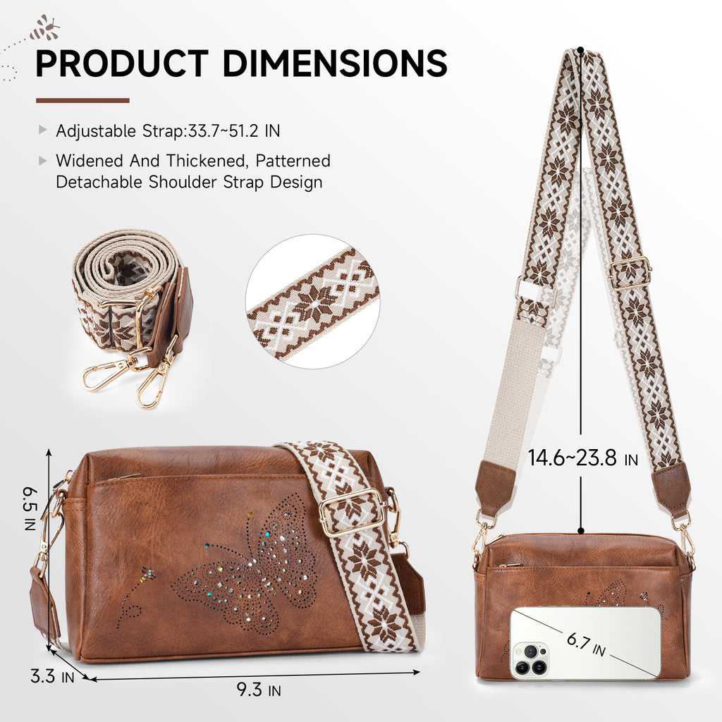Butterfly design Triple Zip Small Crossbody Bag for women,Wide Strap Cell Phone Shoulder Handbag Travel Purse Built in Wallet（BROWN）（复制） APHISON