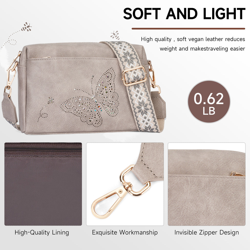 Butterfly design Triple Zip Small Crossbody Bag for women,Wide Strap Cell Phone Shoulder Handbag Travel Purse Built in Wallet（GRAY）（复制） APHISON