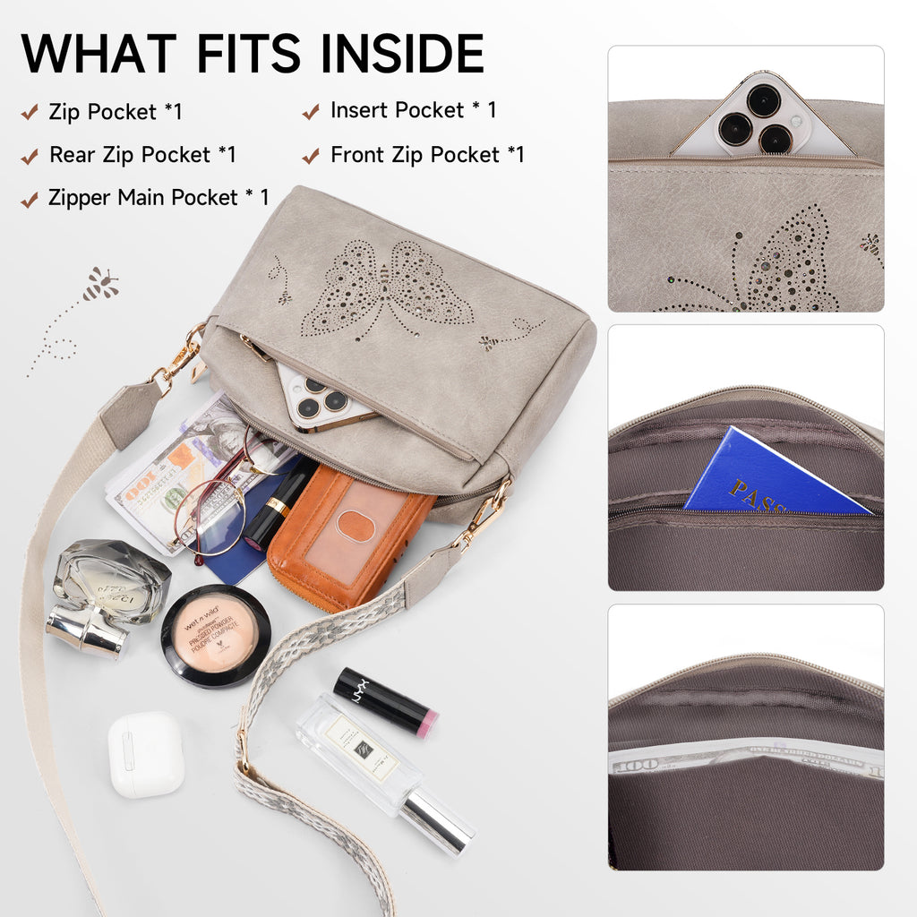 Butterfly design Triple Zip Small Crossbody Bag for women,Wide Strap Cell Phone Shoulder Handbag Travel Purse Built in Wallet（GRAY）（复制） APHISON
